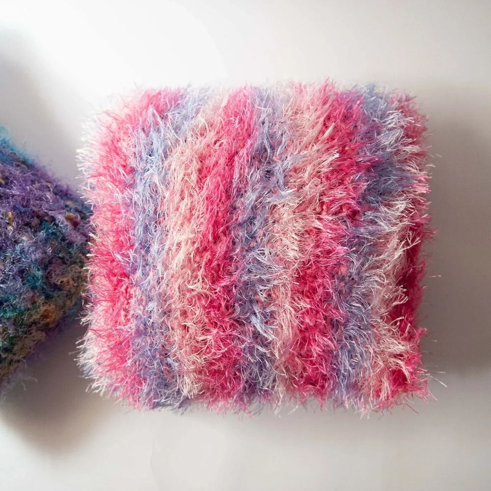 Set of 2 Handmade Knit Fuzzy Fringe Eyelash Yarn Small Throw Pillows